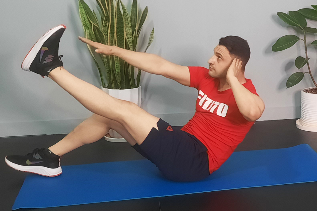 شکم کرانچ مورب با آرنج با دست مخالف متناوب