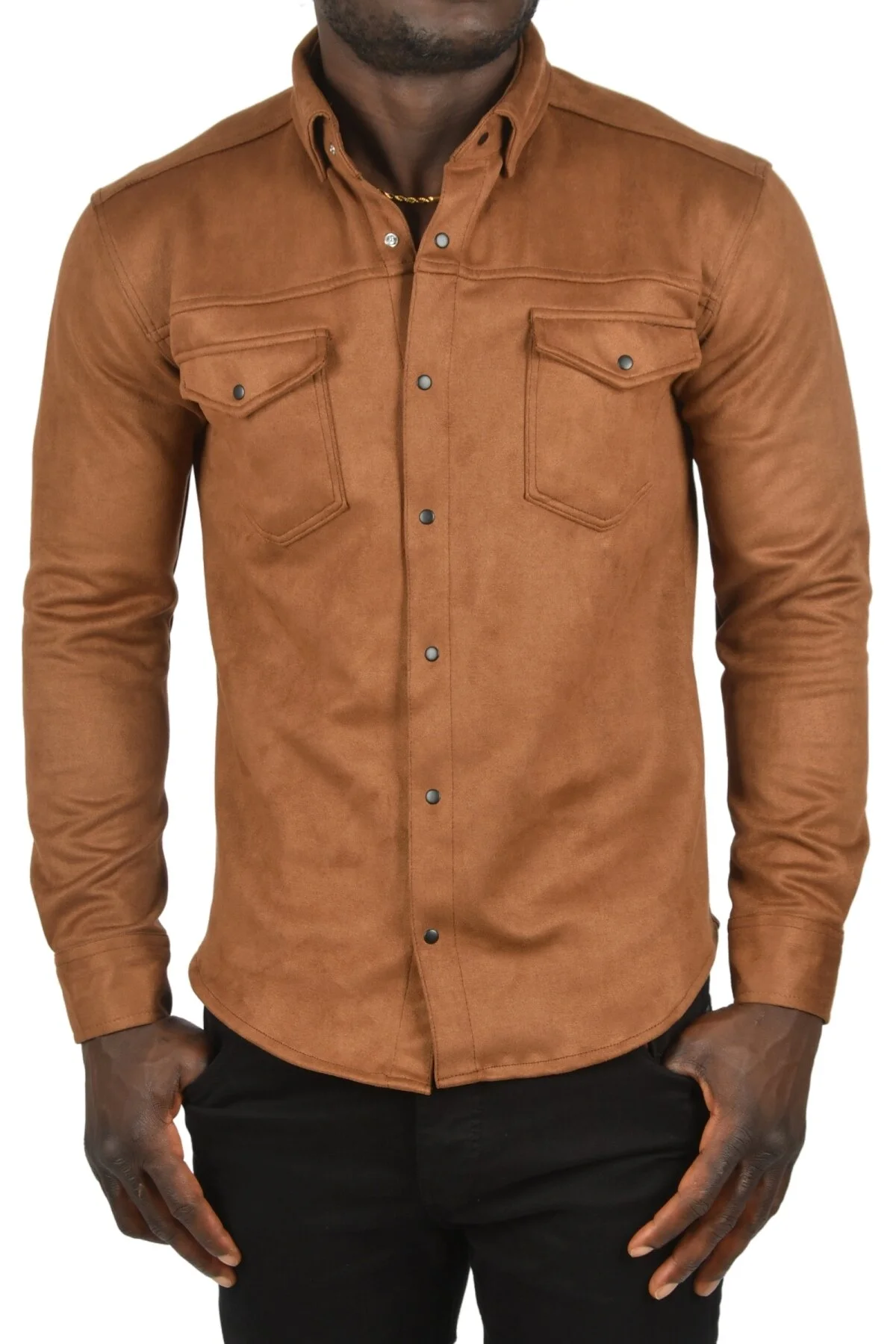 پیراهن مردانه دیپسی مدل 2302329، رنگ قهوهای، اسلیم فیت، پارچه جیر ضدچروک، دارای جیب و دکمههای فشاری، مناسب فصلهای معتدل - تصویر 2