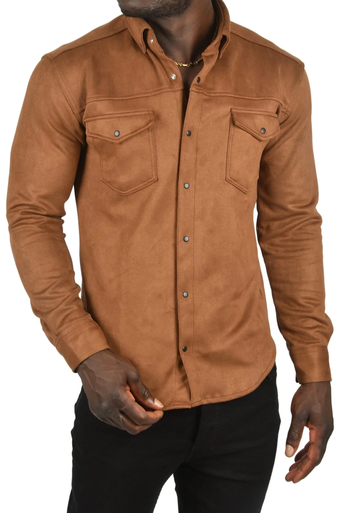 پیراهن مردانه دیپسی مدل 2302329، رنگ قهوهای، اسلیم فیت، پارچه جیر ضدچروک، دارای جیب و دکمههای فشاری، مناسب فصلهای معتدل - تصویر 4