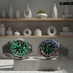 مقایسه رولکس سابمارینر هاک (قاب سبز) و رولکس جی ام تی مستر پپسی (قاب آبی و قرمز) روی مچ‌بند Oyster.