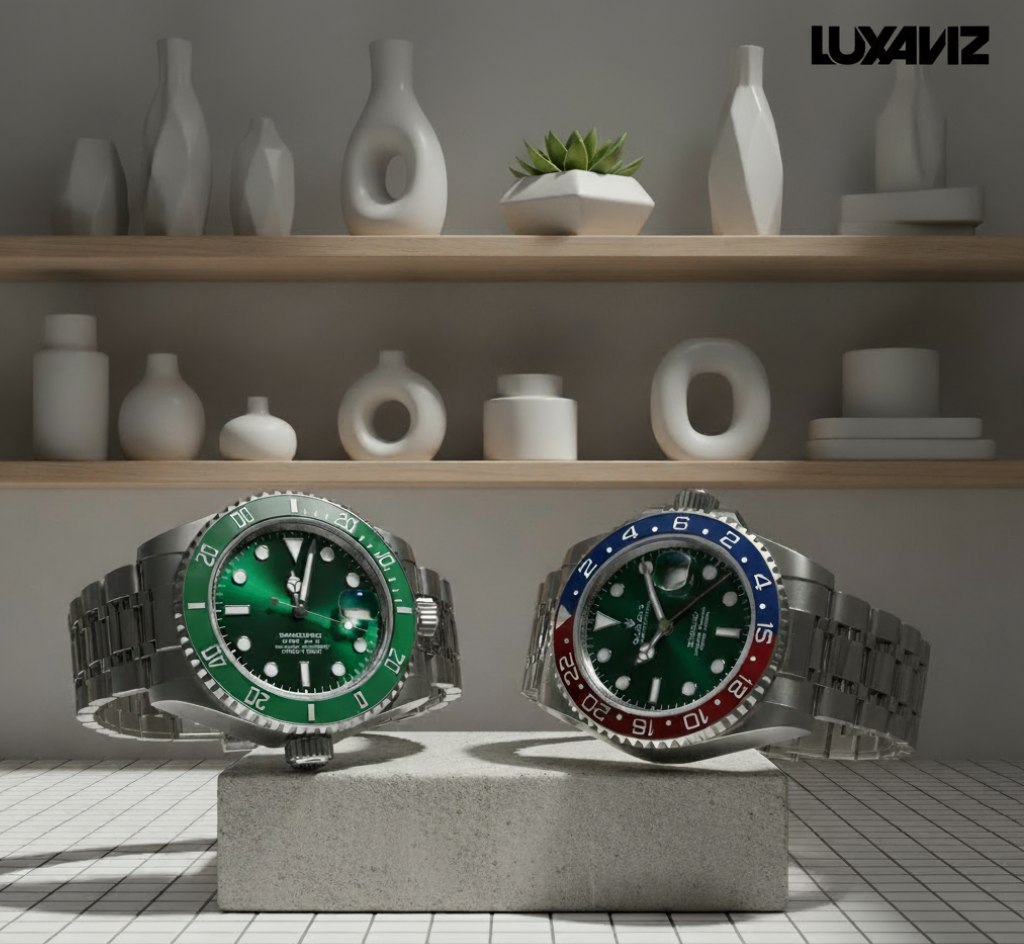 مقایسه رولکس سابمارینر هاک (قاب سبز) و رولکس جی ام تی مستر پپسی (قاب آبی و قرمز) روی مچبند Oyster.